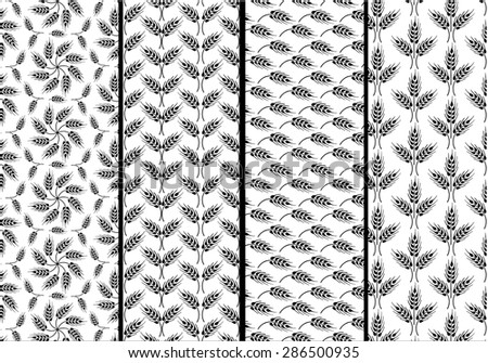 Set of seamless patterns with wheat ears. Black and white agricultural background about harvest and grain. Patterns located under clipping masks