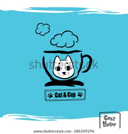 Hand drawing coffee cup with cat face logo vector.