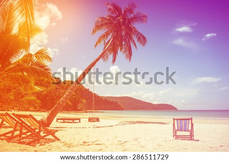 beach background  with coconut tree and beach wooden bed on sand with beautiful blue sea and cloudy sky,Image for summer fun party travel concept.