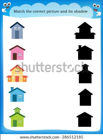Worksheet recognizing shapes | Draw a line to match houses and their correct shadow
