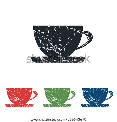 Colored grunge icon set with image of cup on saucer, isolated on white