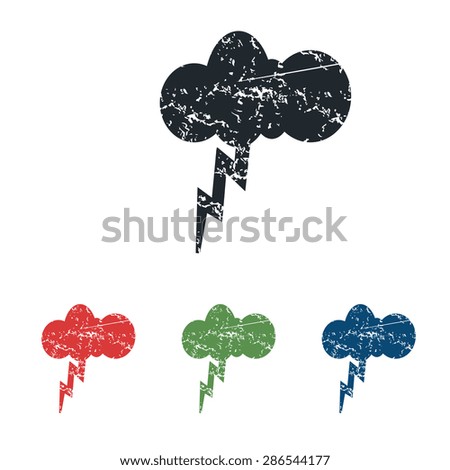 Colored grunge icon set with image of cloud and lightning, isolated on white