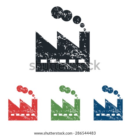Colored grunge icon set with image of factory, isolated on white