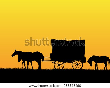 Western stage coach wagon and horses on the prairie