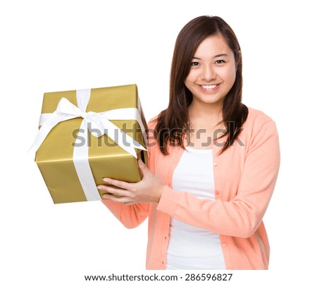 Woman show with big present box