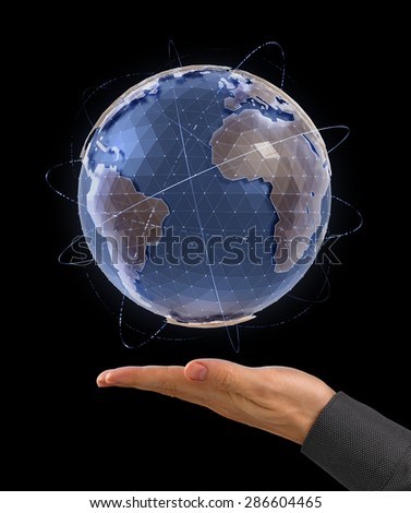 World Globe - Infographic Presentation. CG model of a globe above the facing up palm of a men's hand on black background. Photo and graphic compositing.