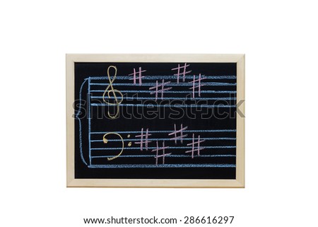 music staff in key E written on blackboard