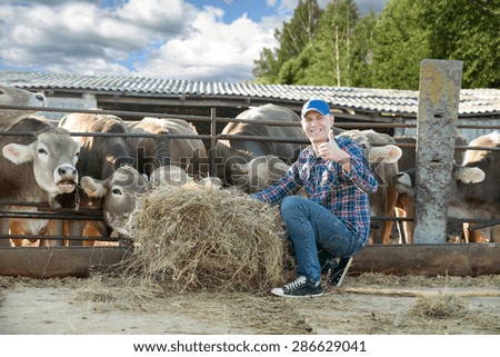 happy male farmer  hands showing thumbs up in cow farm  