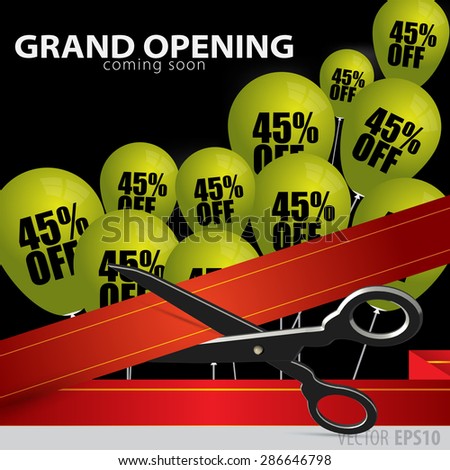 Shop grand opening - cutting red ribbon.  Balloons with 45  percent discount