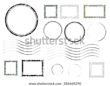 Set of postal stamps and postmarks, isolated on white background, vector illustration. Royalty-Free Stock Photo #286668290