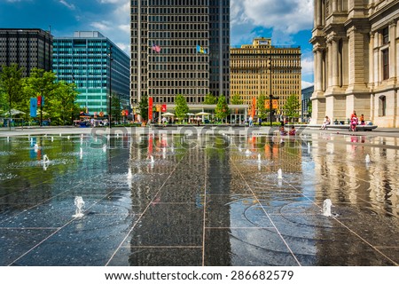 Fountains and buildings at Dilworth Park, in Philadelphia, Pennsylvania.