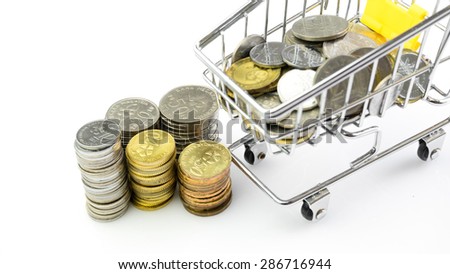 Malaysia currency shilling coins or small change with mini shopping trolley. Concept of shopping and savings. Slightly defocused and close up shot. Isolated on white background. Copy space.