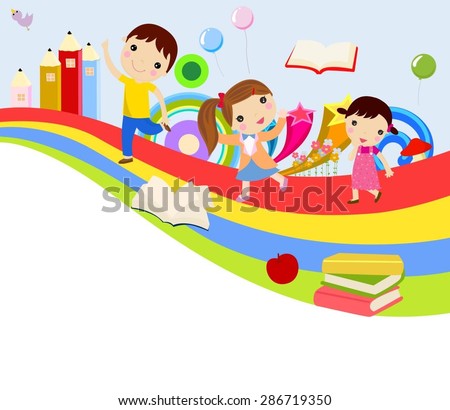 Vector illustration of cute group of children and rainbow