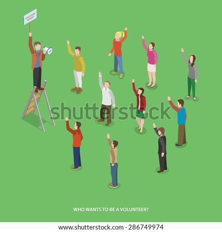 Volunteering flat isometric vector concept. Man with megaphone searches for volunteers.  Royalty-Free Stock Photo #286749974