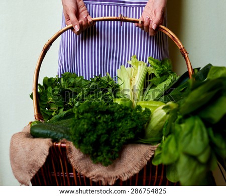 cute girl assistant chefs gathered fresh vegetables for dinner, thin hands of a young girl holding a heavy cart with different herbs
