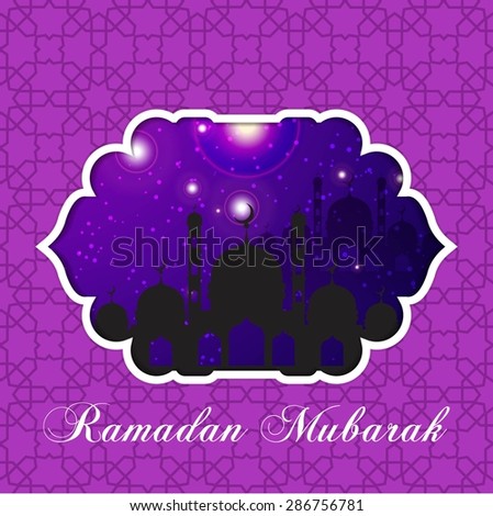 Ramadan Kareem Greeting card / Mosque and crescent moon with stars Ramadan Kareem on blue night Islamic pattern Background 