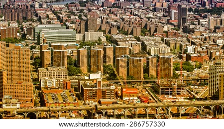 New York skyline - Aerial view of small buildings and rivers.