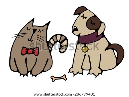 Cute friends cat and dog drawn a simple picture for embroidery, applique, or element of design