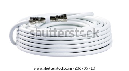 Bunch of white TV cables with connectors isolated on white background.