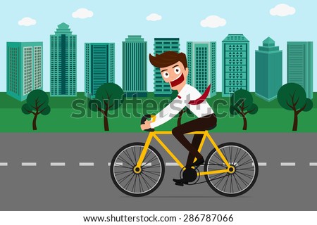 Businessman riding a bicycle in green city . Cartoon Vector Illustration.