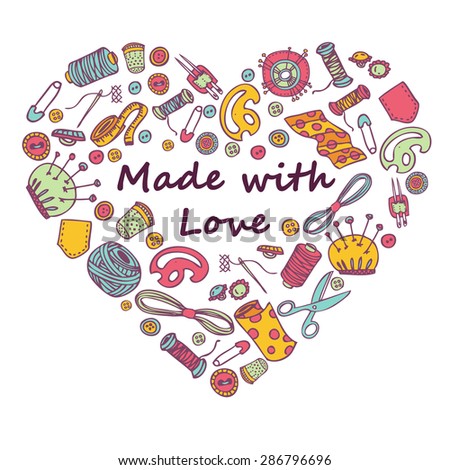 Vector doodle  illustration of sewing and needlework in a heart shape. Hand-made.
Great for promoting and merchandising