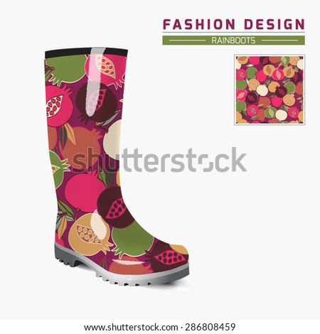 Rain boot trendy design concept. Fashion illustration. Creative rubber boots design template. Seamless Pomegranate pattern is complete masked & presented separately. Vector is layered, editable 