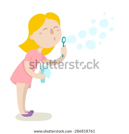 Cute girl in pink dress blowing bubbles. Flat design. Vector illustration. Isolated on white background.