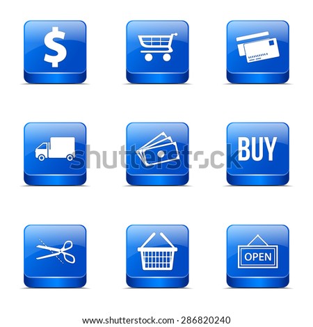 Shopping Sign Square Vector Blue Icon Design Set