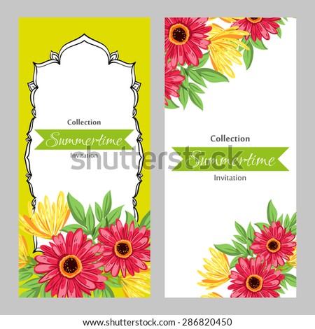 Summertime collection. Romantic botanical invitation. Greeting card with floral background.