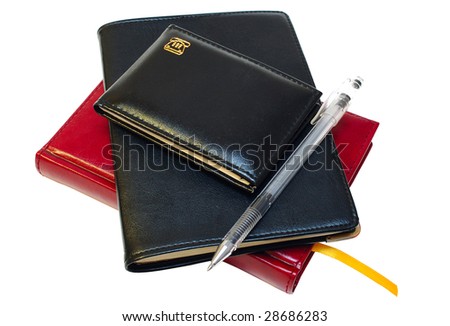 Three notebooks (organizers) and jell pen on isolated background.