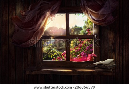 Magic window with a fairy garden of roses