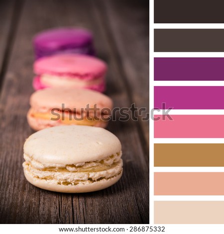 French macaroons on an old wood background. In a colour palette with complimentary colour swatches.