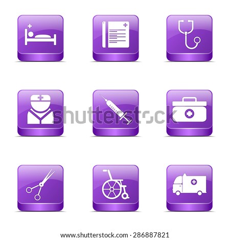 Hospital Health Square Vector Violet Icon Design Set