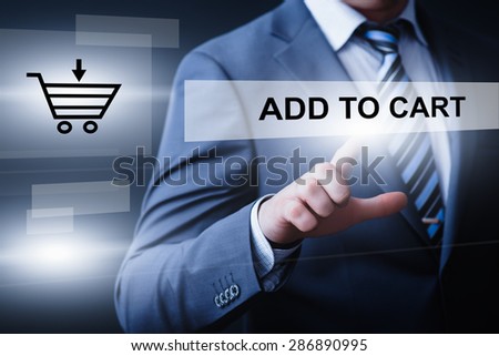business, technology, internet and networking concept - businessman pressing add to cart button on virtual screens