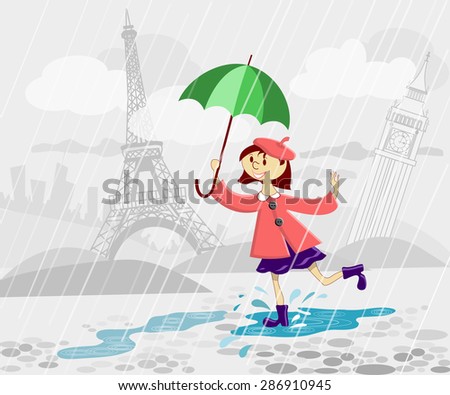 French girl with umbrella running under rain