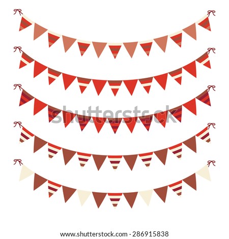 Garlands of festive flags bright triangular shape isolated on white background. Holiday Clip Art.