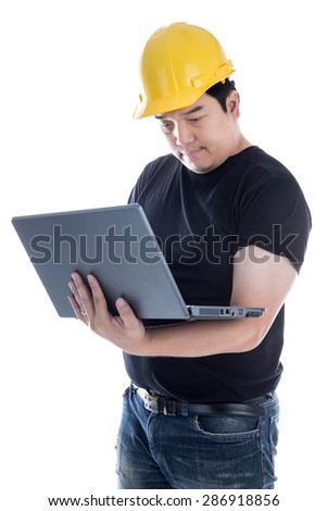Asian Engineer checking on production on laptop on white background