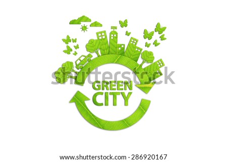 Green city - Ecology concept made from green leaves.