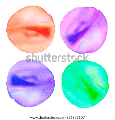 Set of four Beautiful rainbow watercolor hand painted circle shape design elements. Watercolor circles. Watercolor stains set isolated on white background. Vector illustration