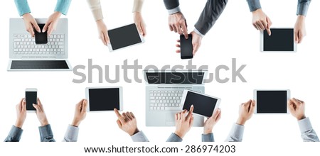 Business people team social networking, using computers, tablets and smartphones, top view, white background Royalty-Free Stock Photo #286974203