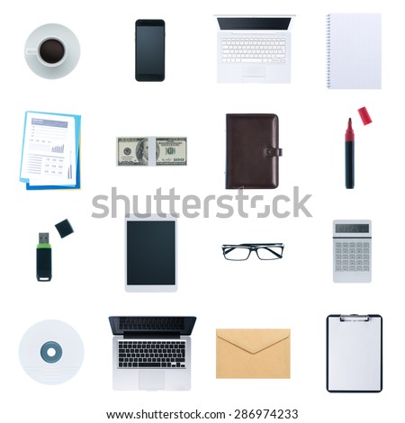 Business desktop objects isolated on white background: laptop, tablet, smartphone, calculator usb stick, paperwork and other items, top view Royalty-Free Stock Photo #286974233