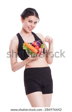 Healthy eating, happy young woman with vegetables isolated on white background