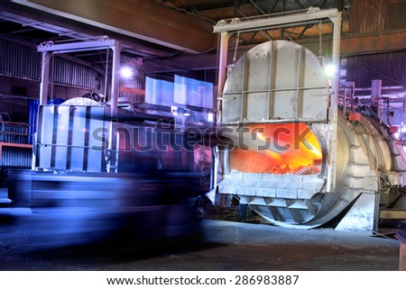 Feeding scrap aluminium in a melting oven in a factory. Recycling. Royalty-Free Stock Photo #286983887