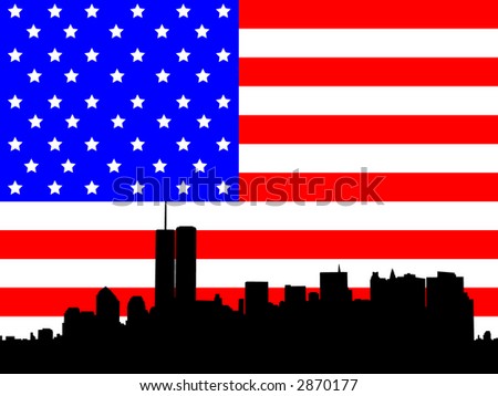 Former Lower Manhattan skyline and American Flag illustration