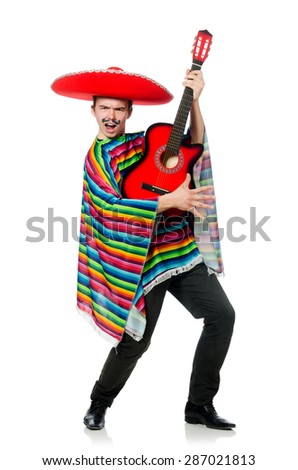 Funny young mexican with guitar isolated on white