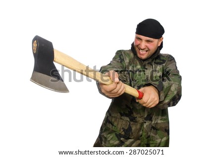 Young man in soldier uniform holding axe isolated on white