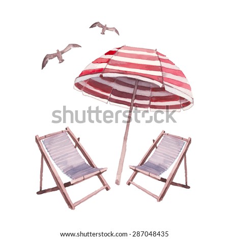 Watercolor beach lounge set. Hand drawn illustration with isolated on white background objects: seagulls, beach umbrella and chairs. Vector design collection