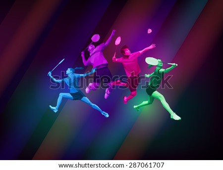 Sports poster with badminton players team, colorful on dark background. Trendy polygons, vector illustration