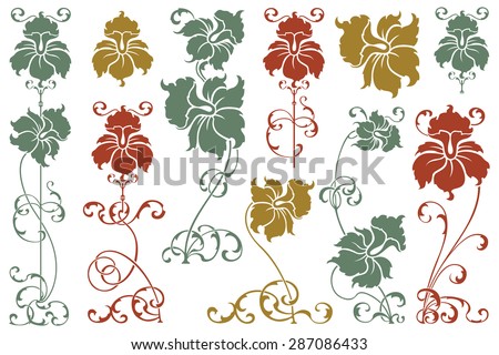 Vector set flower vignette  on different versions for decoration and design 