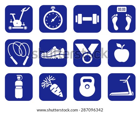 Fitness, gym, monochrome icons. Monochrome icons with images of attributes of fitness and sport. For websites and printing. 
